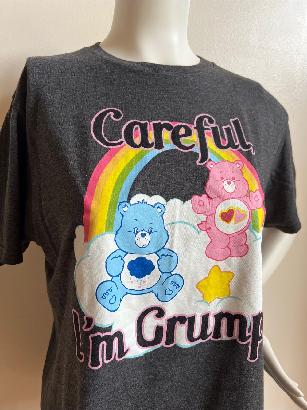 Care Bears Careful I'm Grumpy Graphic T-Shirt in Charcoal with Rainbow